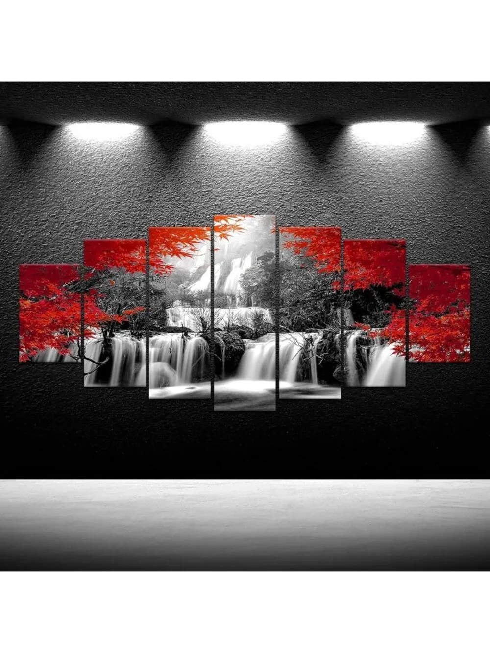 XLarge 7-Piece Black & Red Waterfall Canvas Wall Art for Modern Home Decor 70x32